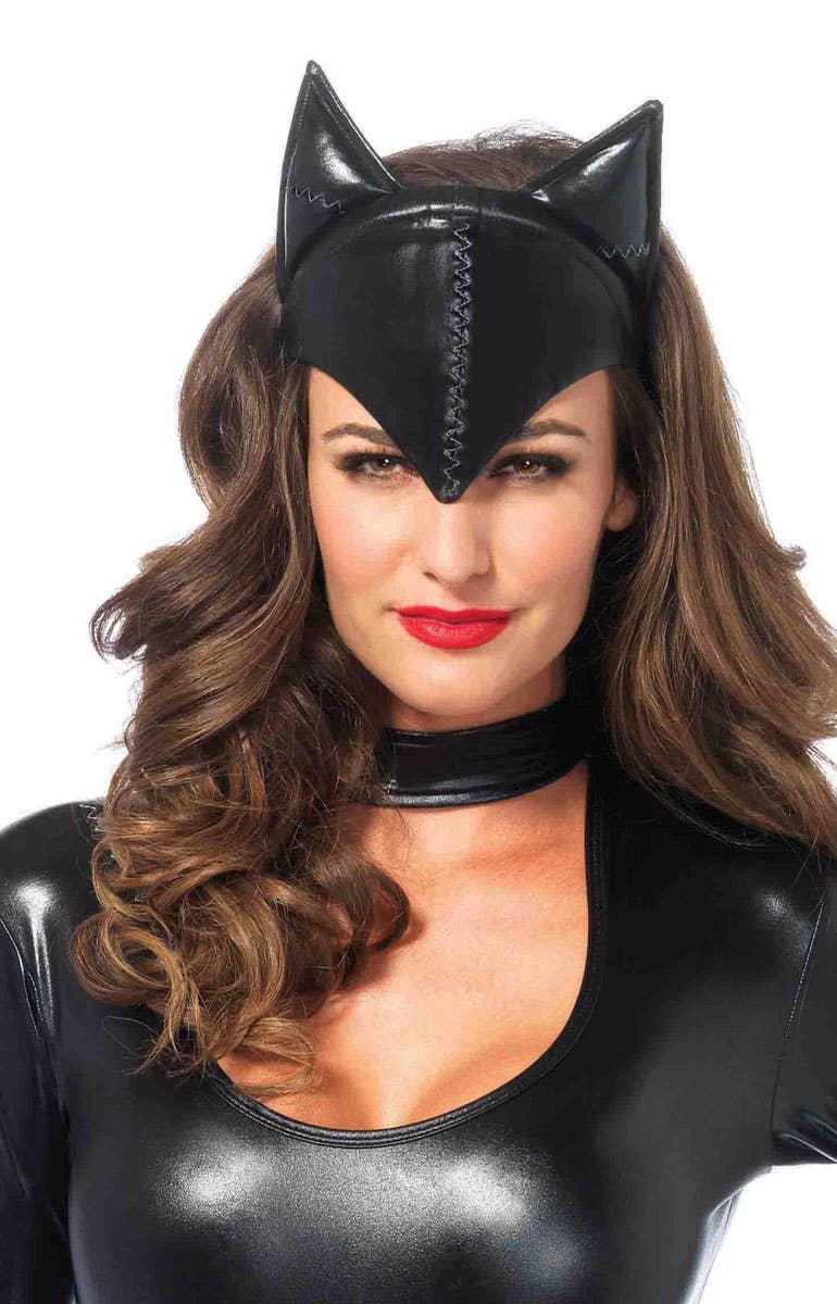 Black Vinyl Cat Ears Costume Headband with White Stitch Details - Main View