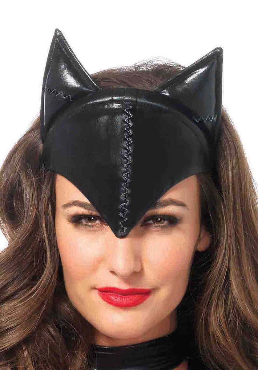 Black Vinyl Cat Ears Costume Headband with White Stitch Details - Alternative View 1