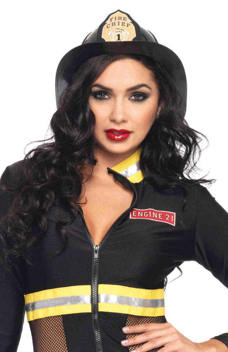 Women's Deluxe Black Firefighter Costume Hat Main Image