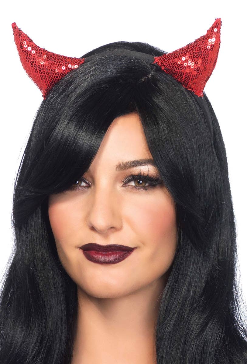 Red Sequinned Devil Horns Costume Headband Alternate Image