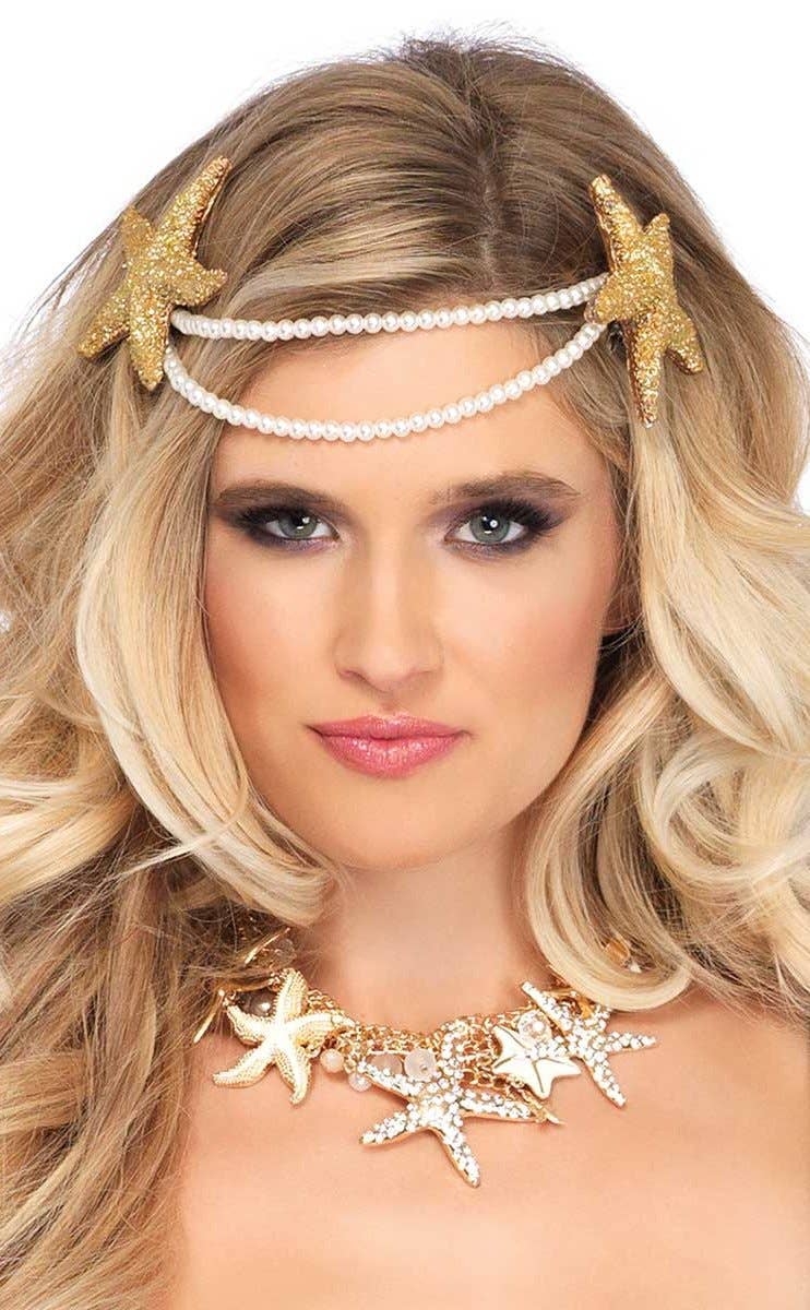 Women's Mermaid Gold Glitter And Pearl Costume Headband Hair Clip Costume Accessory Main Image