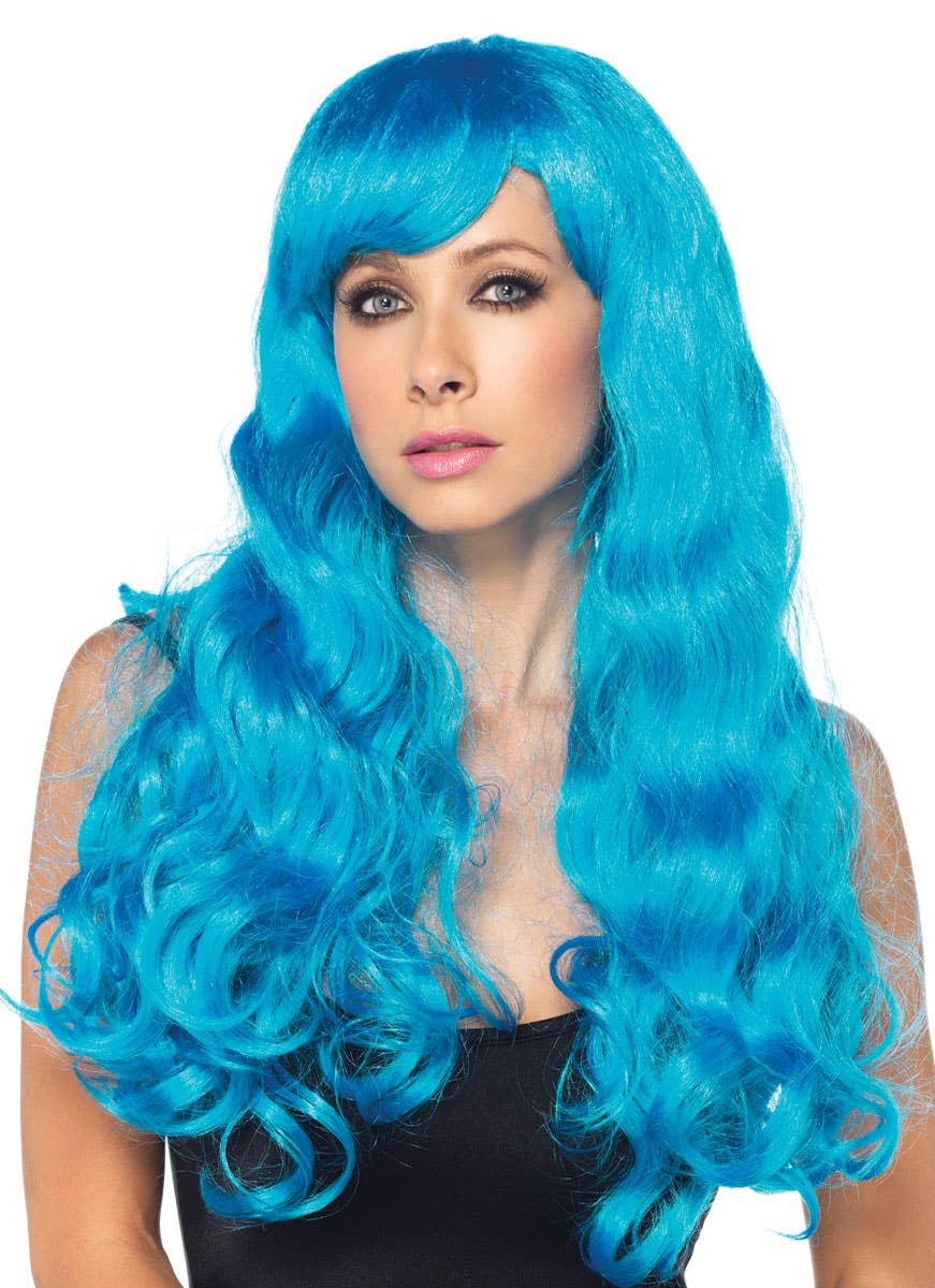 Long Blue Deluxe Women's Curly Costume Wig Alt Image