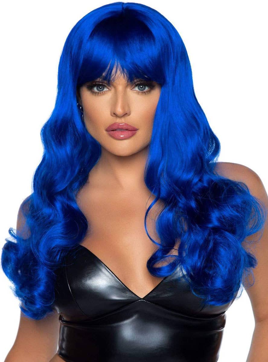 Long Curly Royal Blue Costume Wig for Women - Front Image