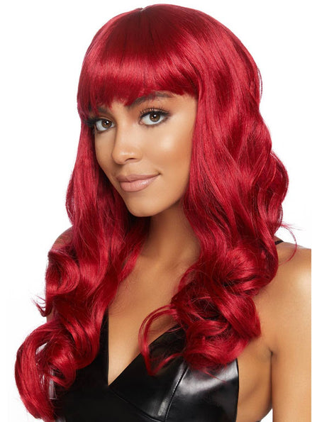 Women's Long Wavy Curls Rd Costume Wig with Fringe Front View