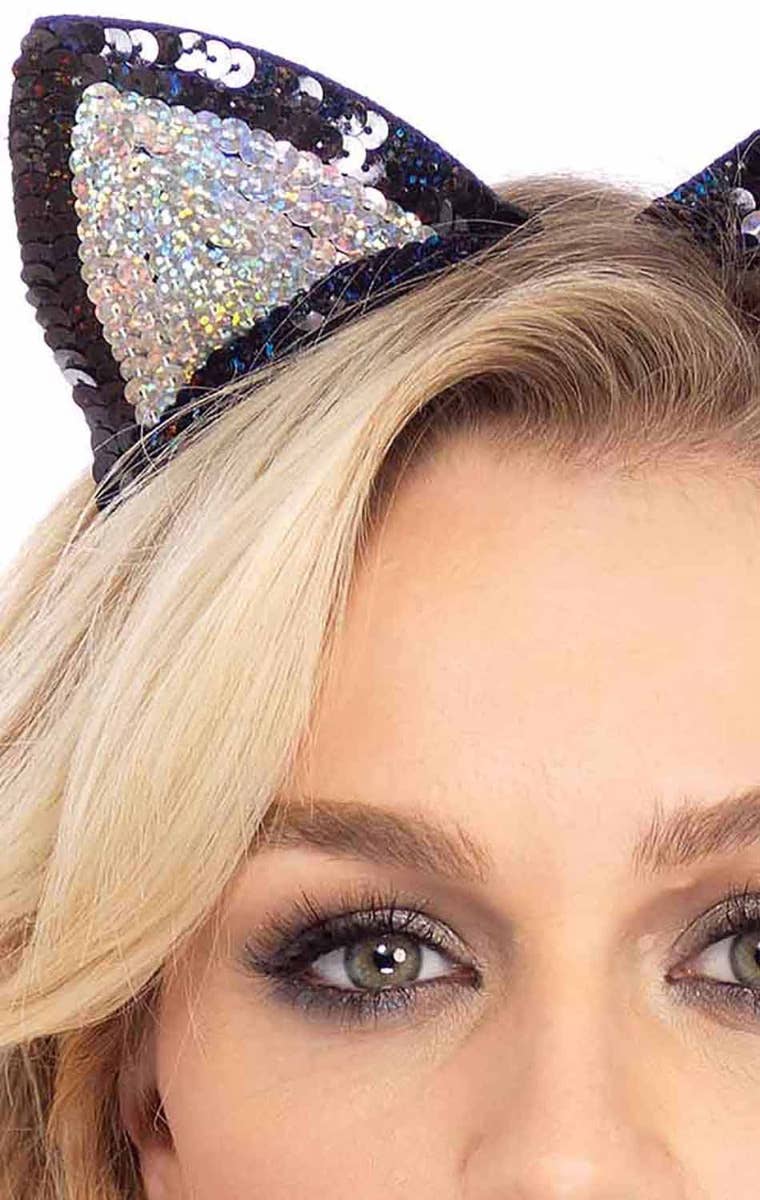 Sequined Black and Silver Cat Ears on Headband Zoom Image