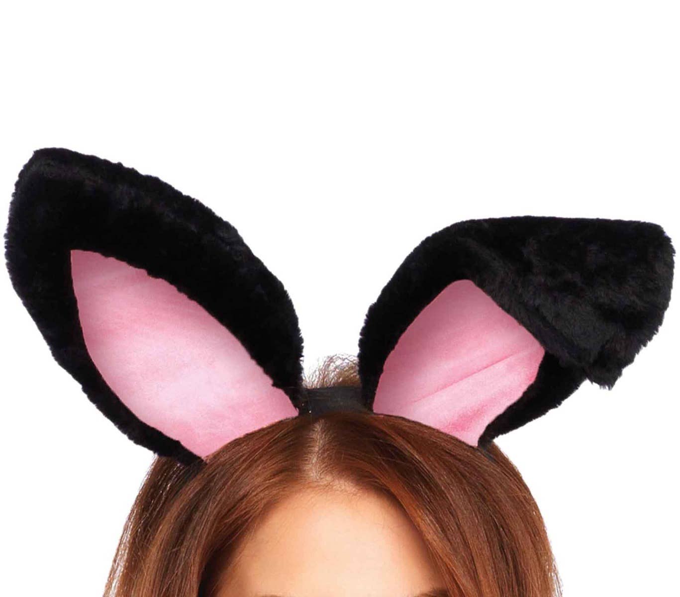 Women's Black Plush Bunny Ears Playboy Easter Costume Accessory Headband Close Up Image