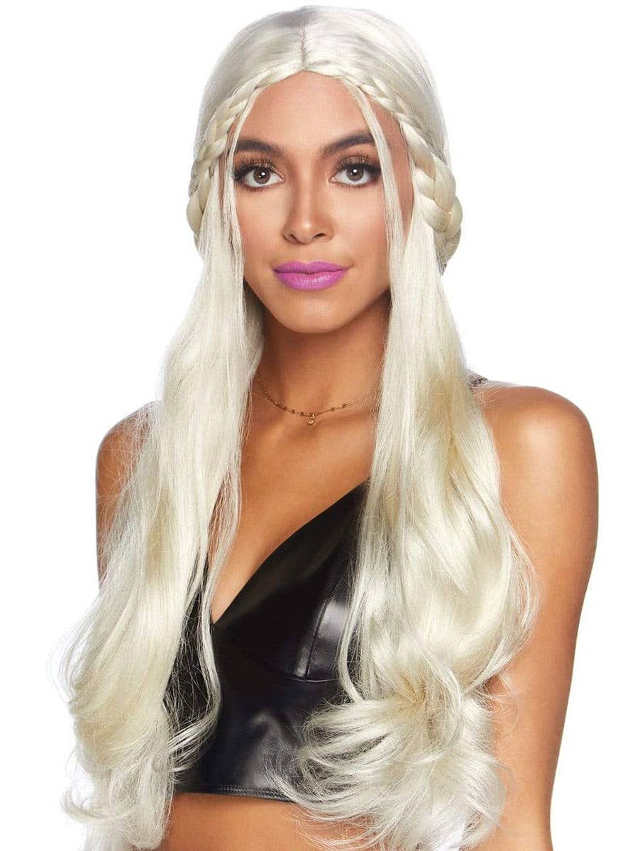 Womens Long Blonde Wavy Medieval Game Of Thrones Braided Costume Wig Alt Front Image