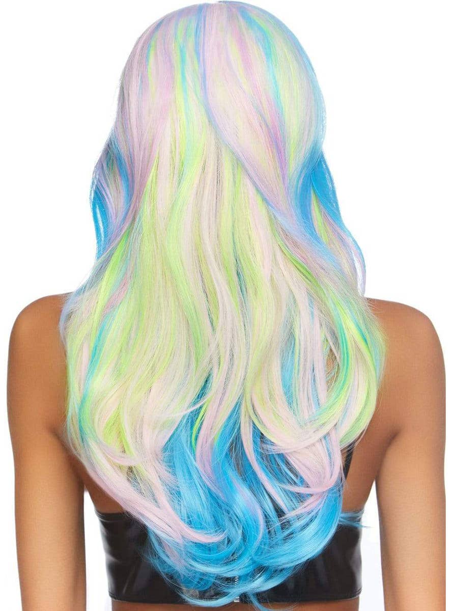 Mermaid Mystic Hue Long Wavy Rainbow Woman's Costume Wig Back Image