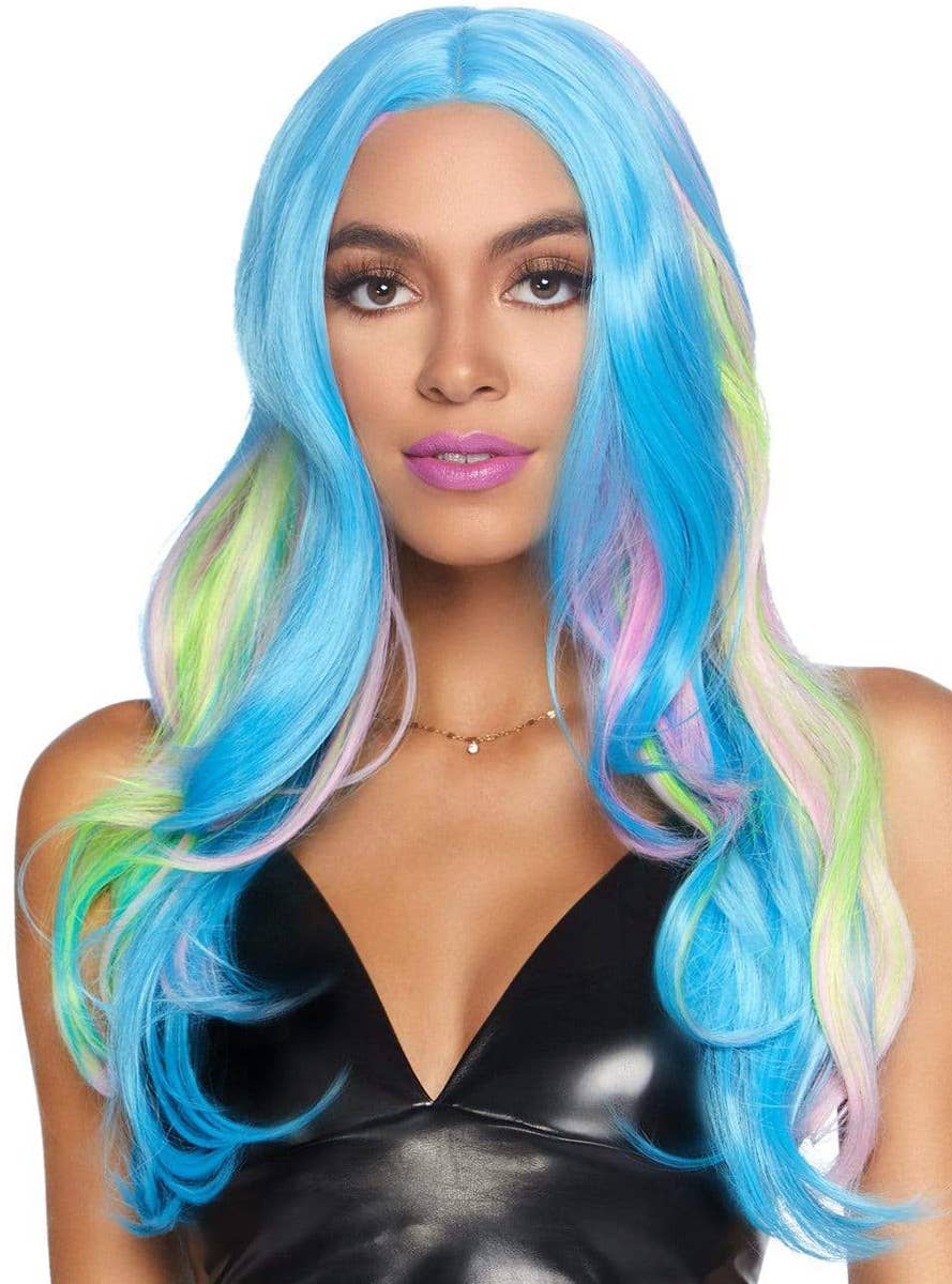 Mermaid Mystic Hue Long Wavy Rainbow Woman's Costume Wig Alt Front Image