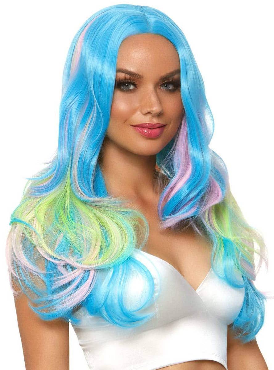 Mermaid Mystic Hue Long Wavy Rainbow Woman's Costume Wig Side Image
