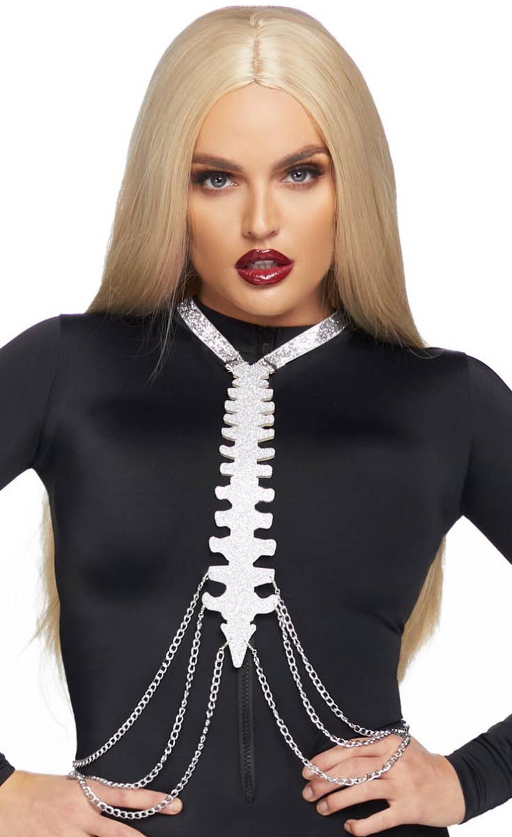 Glitter Bone Silver Body Harness Halloween Costume Accessory Alt Image