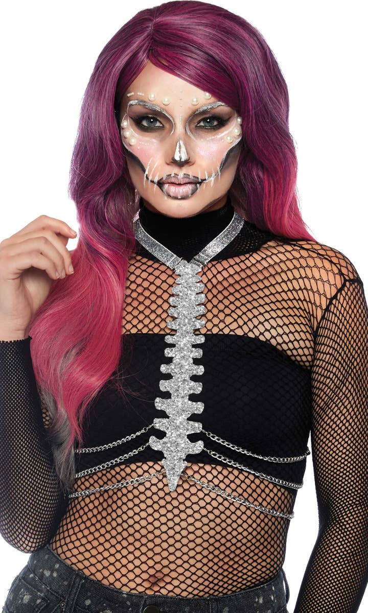 Glitter Bone Silver Body Harness Halloween Costume Accessory Main Image