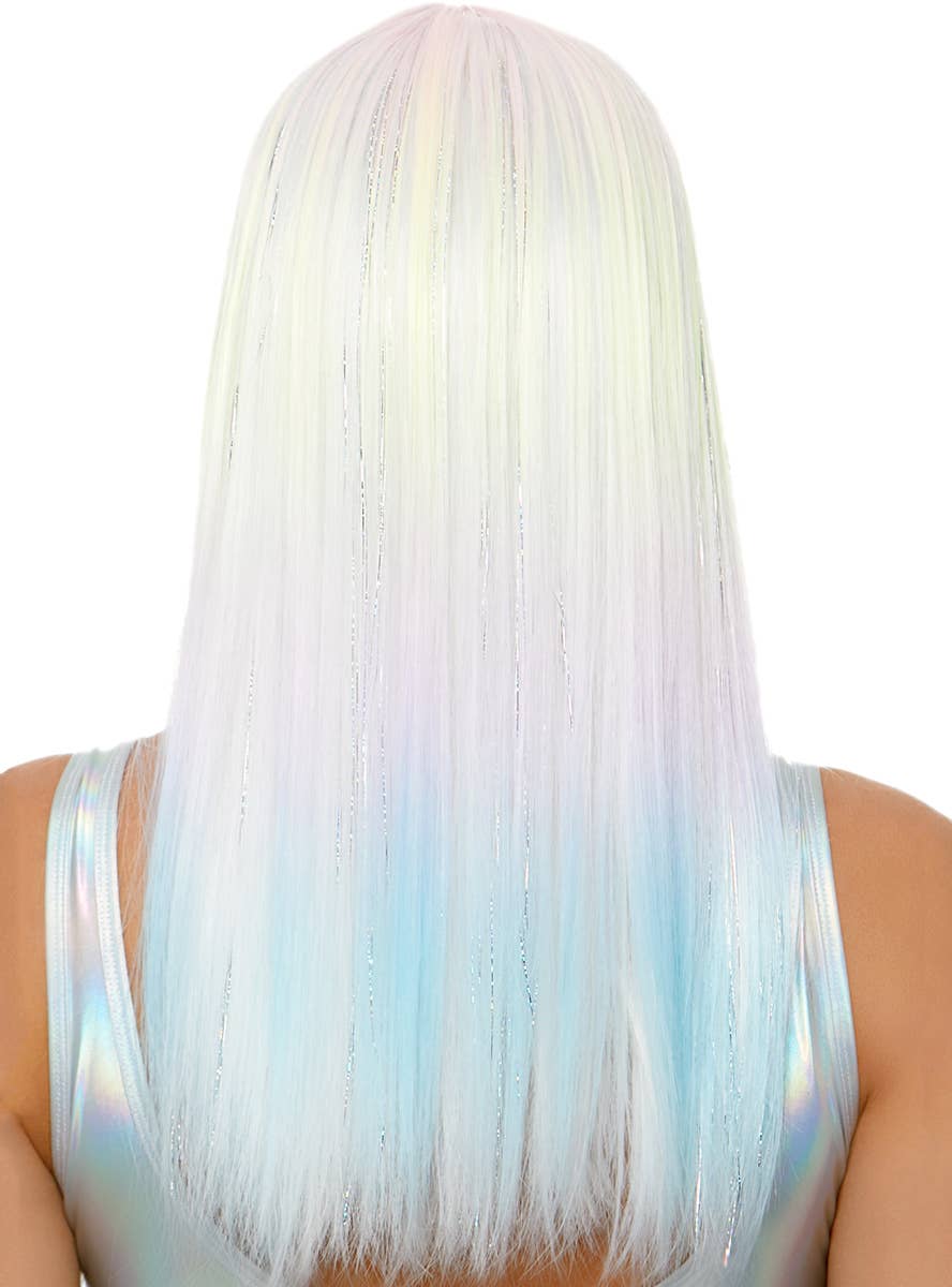 Women's Long Straight Pastel Ombre UV Reactive Costume Wig with Fringe and Tinsel Highlights View 3