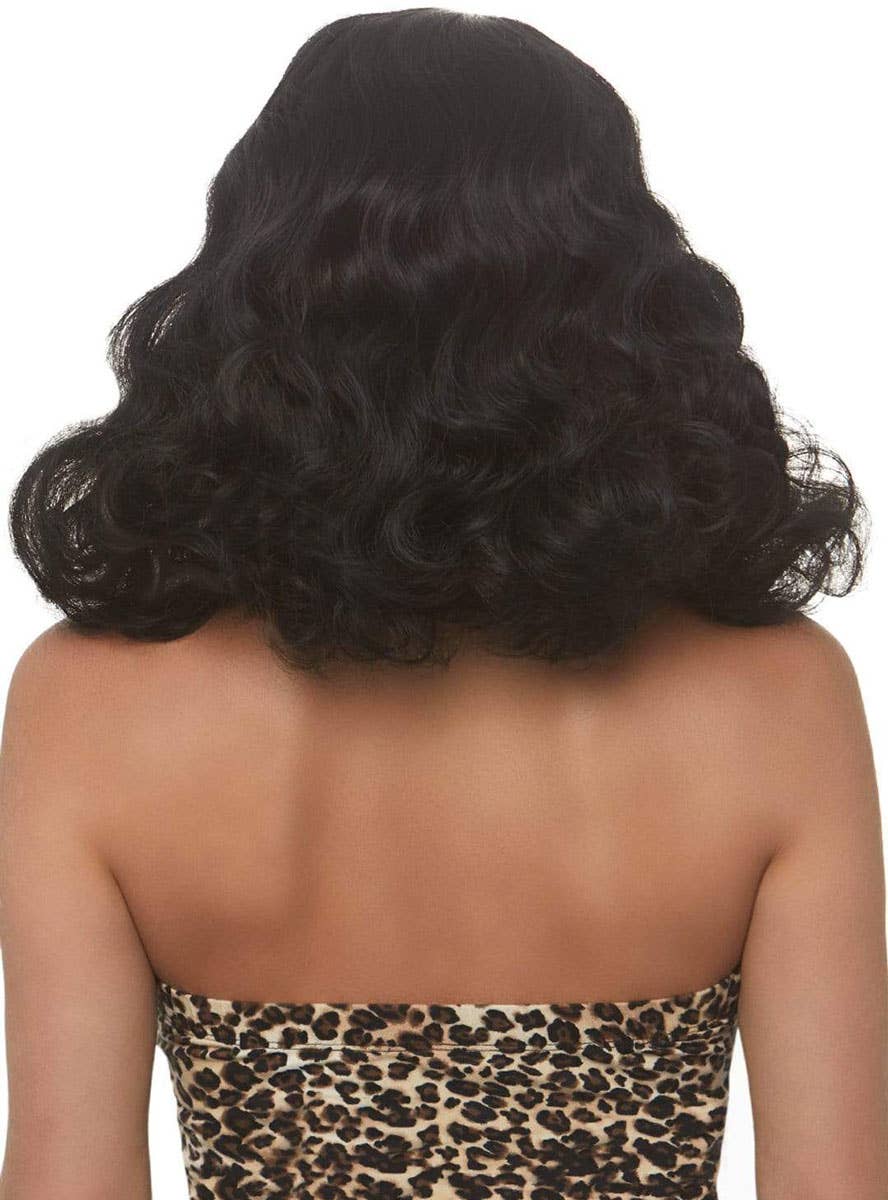 1950's Retro Bettie Page Women's Curly Mid Length Black Costume Wig with Fringe Back View 