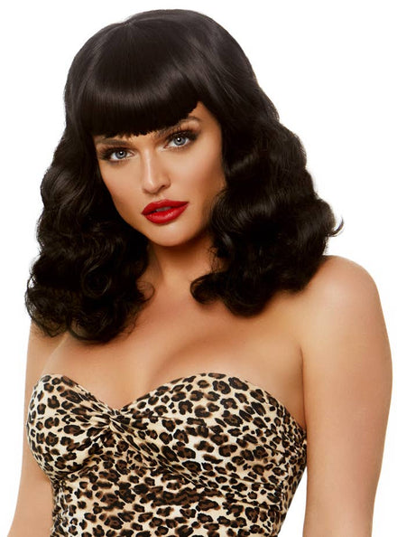 1950's Retro Bettie Page Women's Curly Mid Length Black Costume Wig with Fringe View 1  