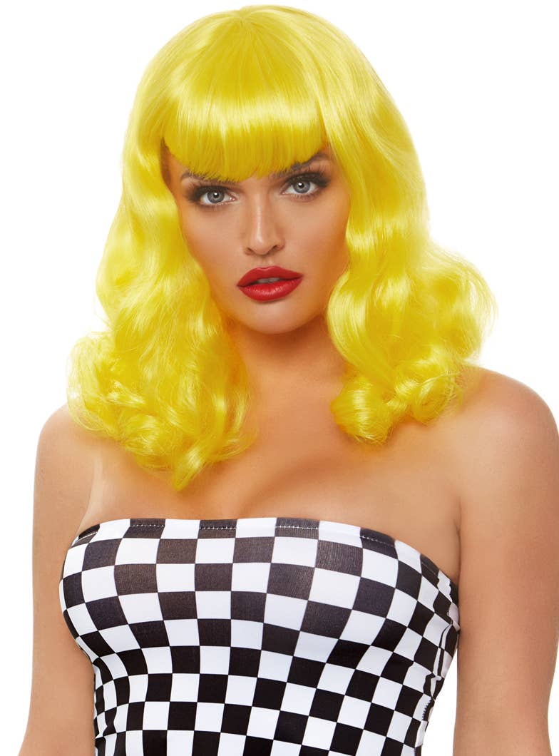 1950's Retro Women's Curly Mid Length Yellow Costume Wig with Fringe View 1  