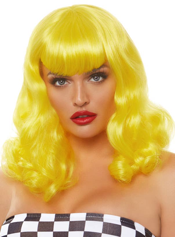 1950's Retro Women's Curly Mid Length Yellow Costume Wig with Fringe View 2