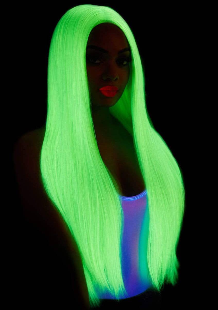 Women's Long Straight 83cm UV Reative Neon Green Costume Wig Alternative Image 1