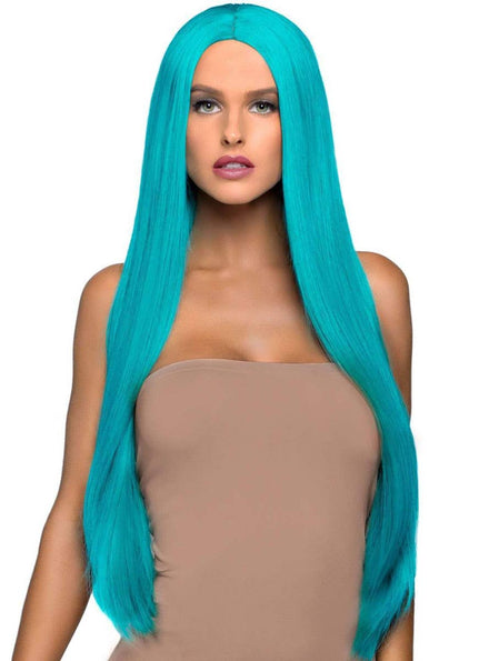 Long Straight Turquoise Blue Women's Costume Wig with Centre Part - Front Image