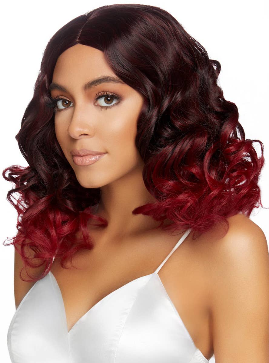 Women's Curly Burgundy Ombre Bob Style Costume Wig Front View Image 3