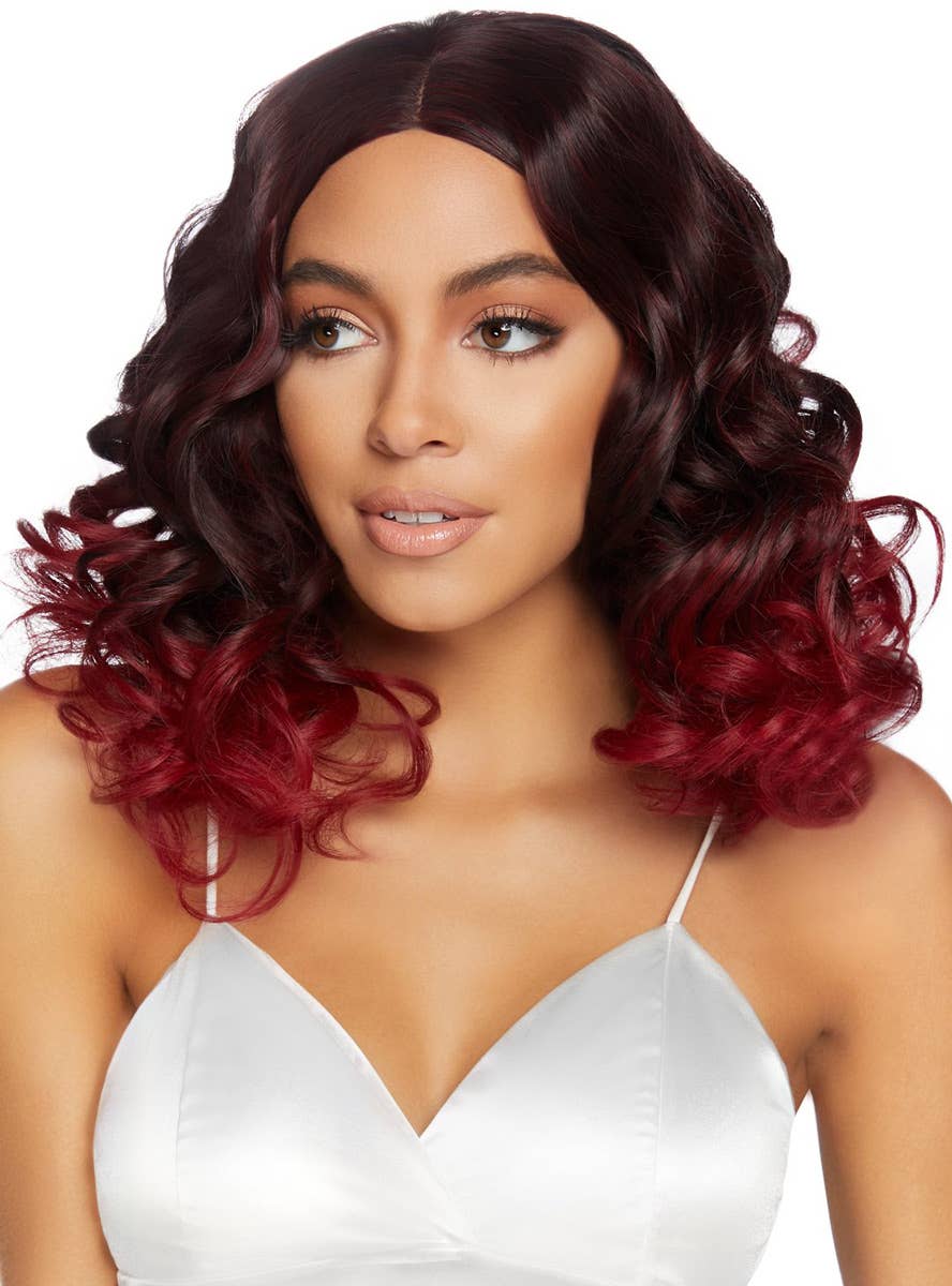 Women's Curly Burgundy Ombre Bob Style Costume Wig Front View Image 2