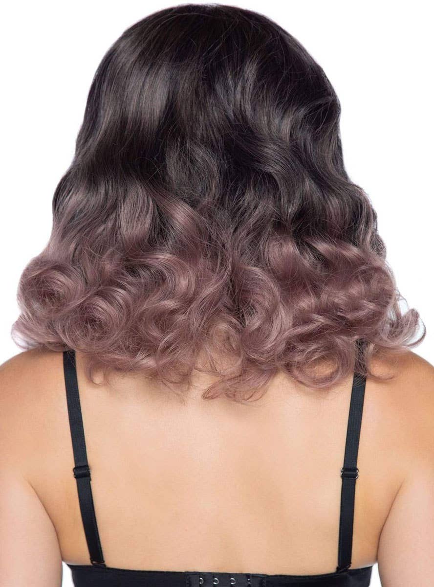 Women's Curly Brown and Dusk Pink Ombre Bob Style Costume Wig Front View Back Image