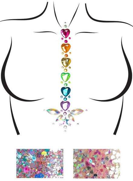 Rainbow Hearts Middle Chest Stick On Body Jewels and Body Glitter Pack - Main Image