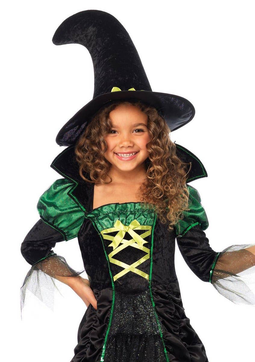 Girl's Green Storybook Witch Halloween Fancy Dress Costume View 2