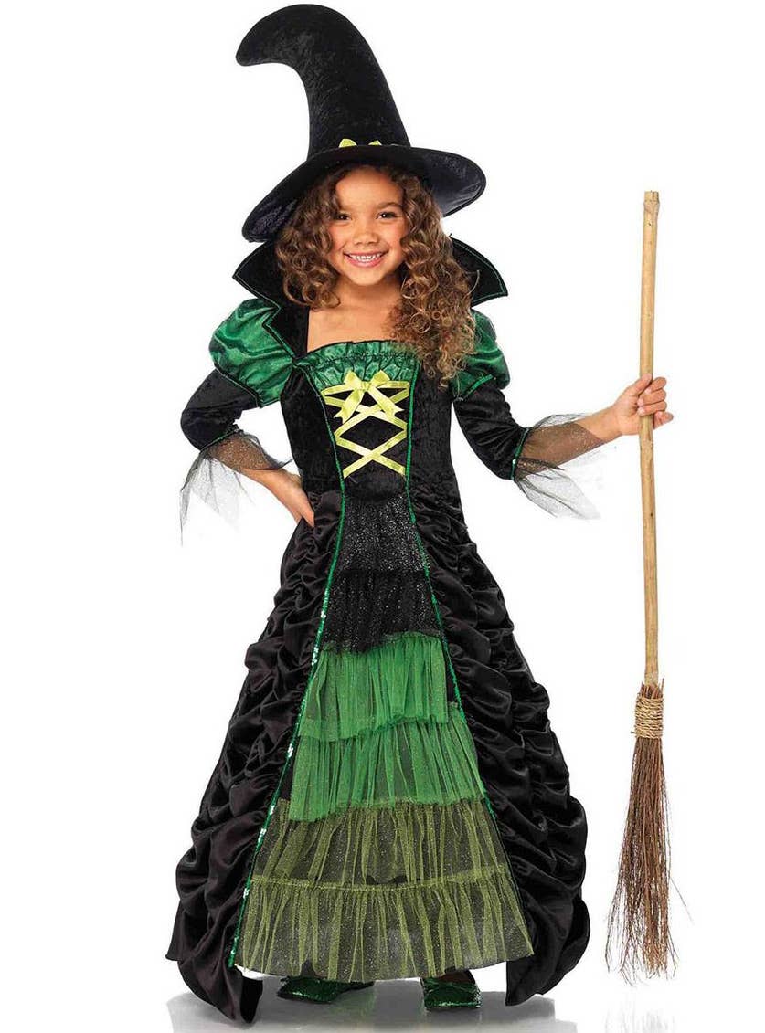 Girl's Green Storybook Witch Halloween Fancy Dress Costume Main Image