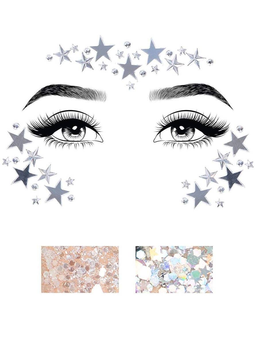 Silver Stars Self Adhesive Face Gems and Body Glitter