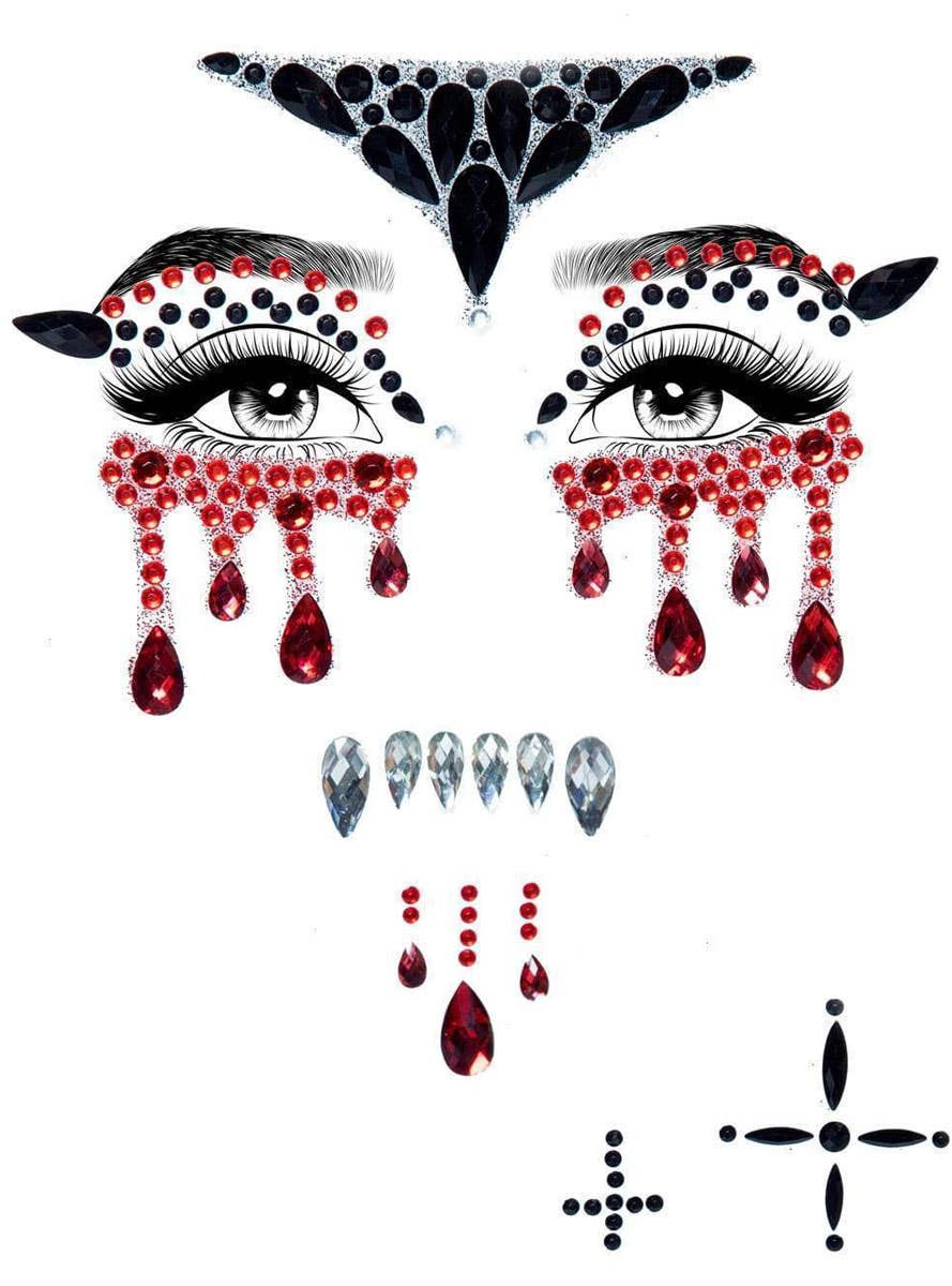 Self Adhesive Red and Black Vampire Halloween Face Gems - Product Image