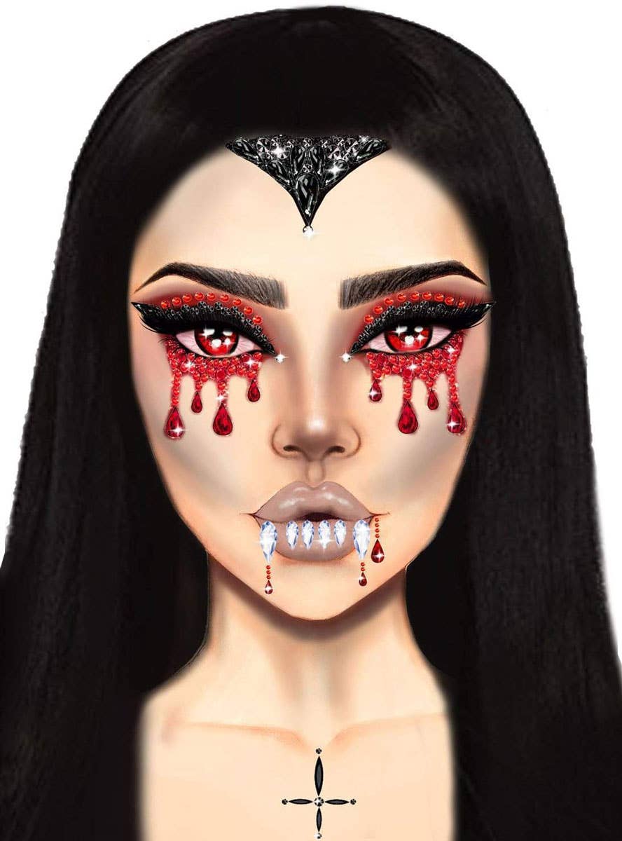 Self Adhesive Red and Black Vampire Halloween Face Gems - Example Image