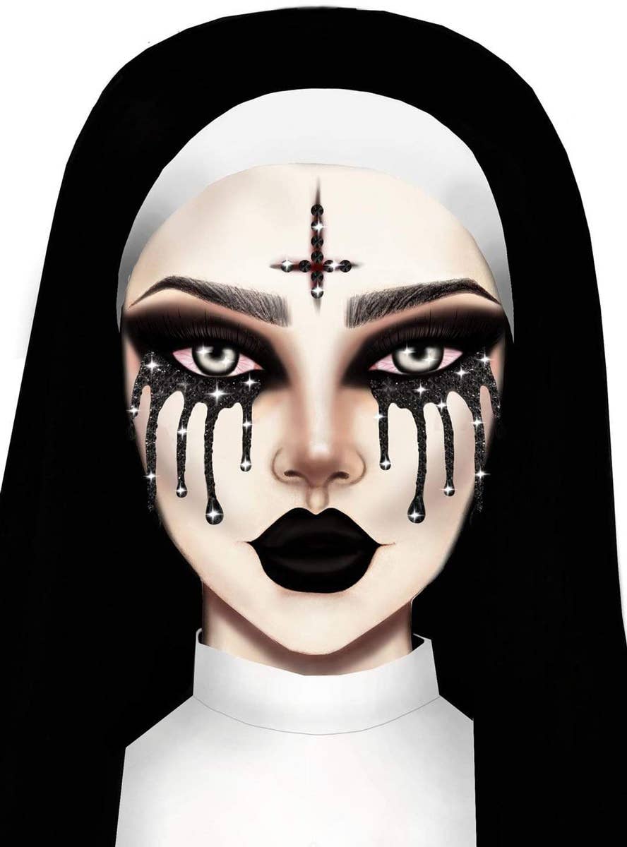 Self Adhesive Black Possessed Nun Halloween Face Gems - Example Image