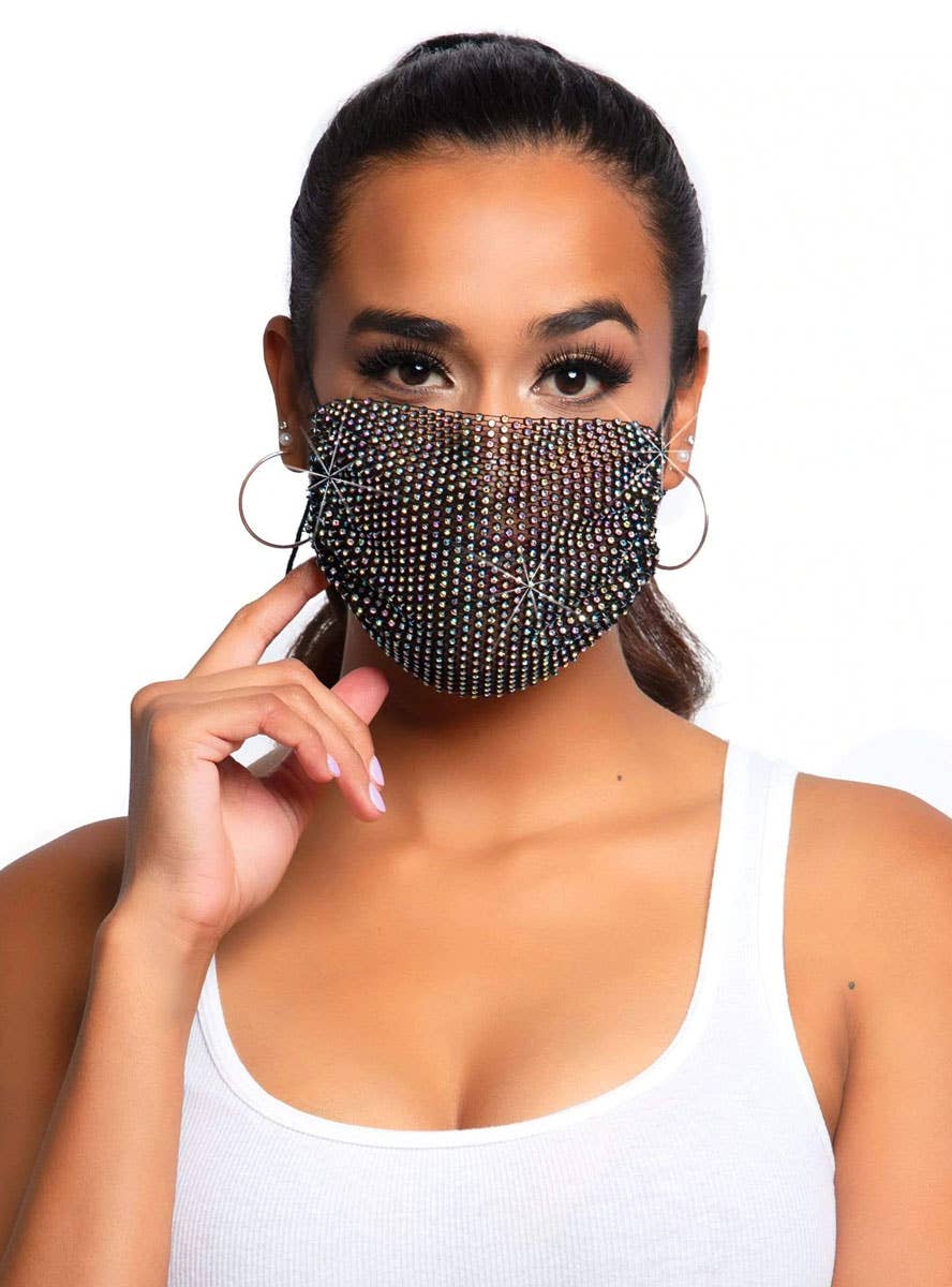 Rhinestone Black Mesh Face Mask - Front Image