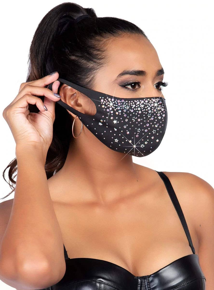 Silver Sparkly Rhinestone Black Face Mask - Side Image