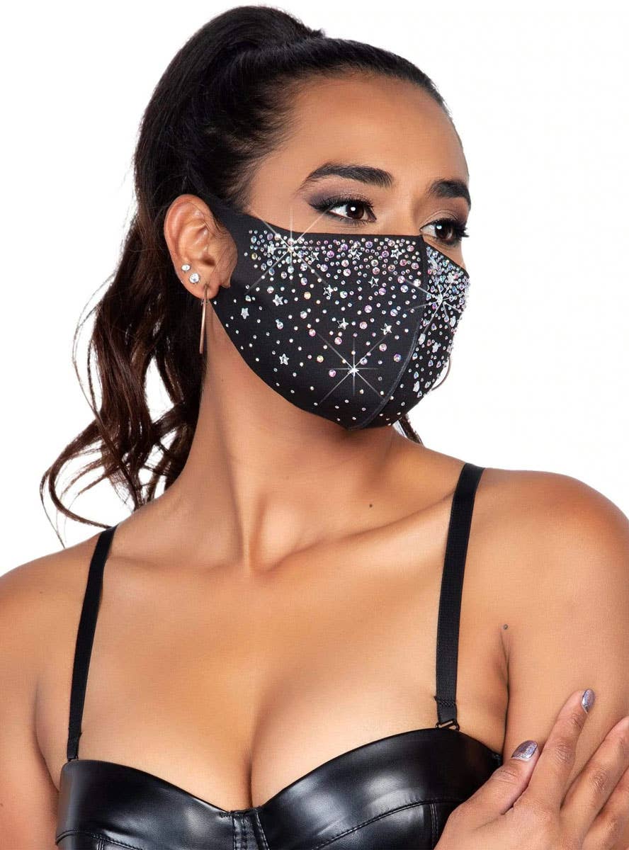 Silver Sparkly Rhinestone Black Face Mask - Alternate Front Image