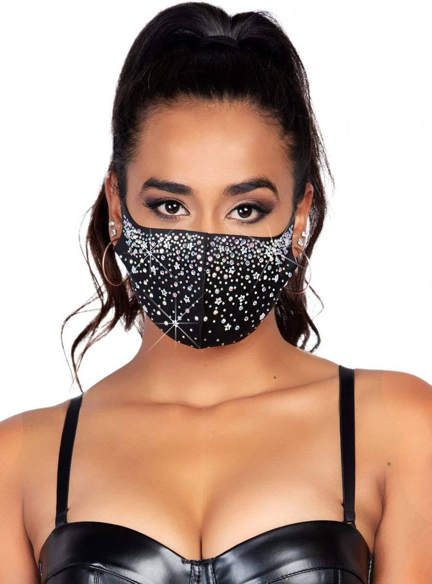 Silver Sparkly Rhinestone Black Face Mask - Front Image