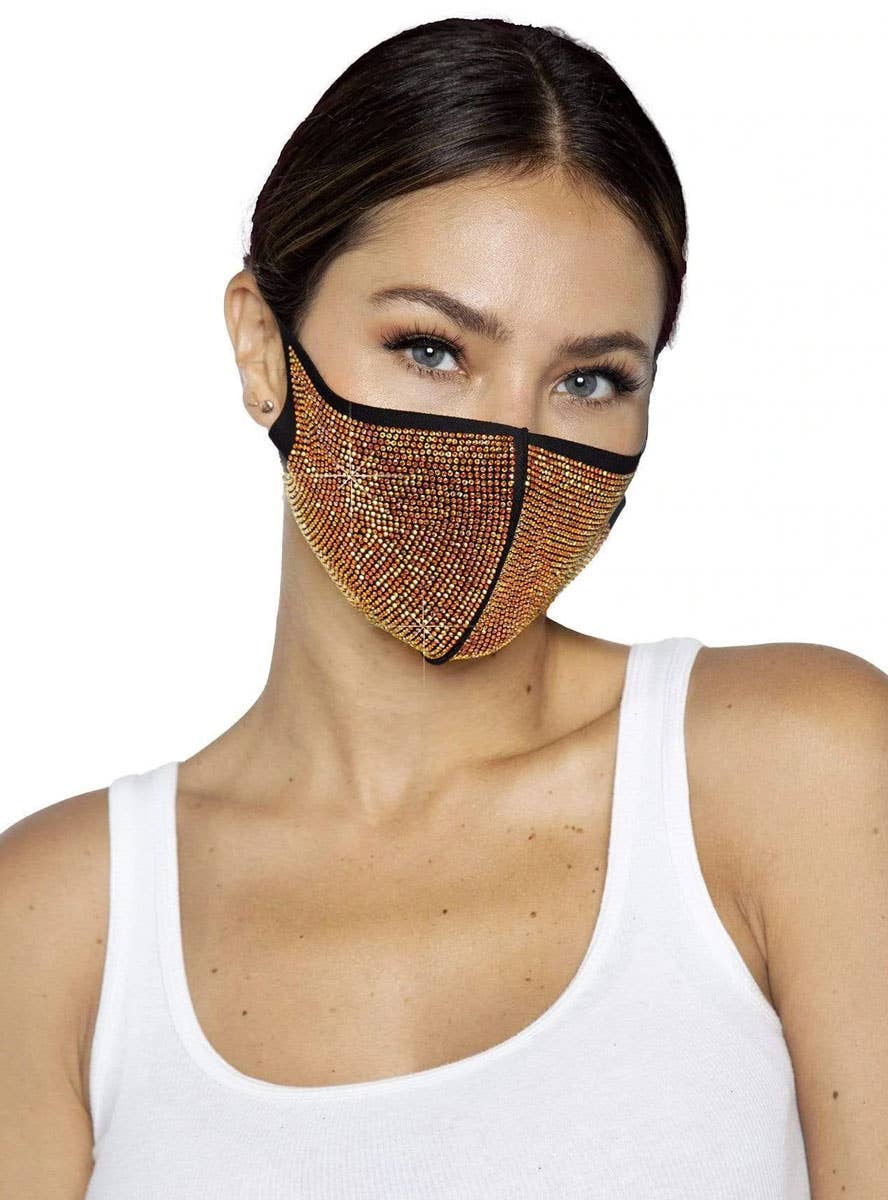 Black Face Mask with Gold Sparkly Rhinestones - Front Image