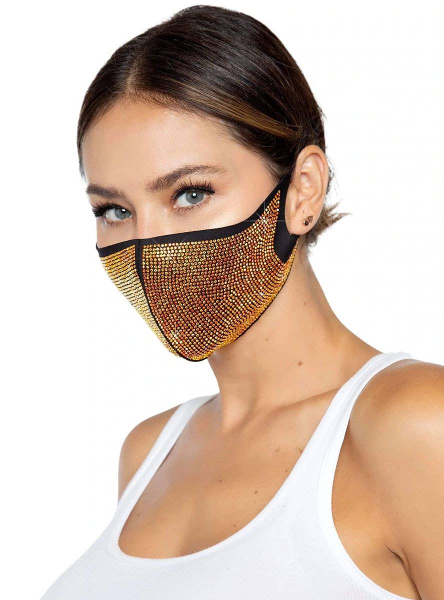 Black Face Mask with Gold Sparkly Rhinestones - Alternate Front Image