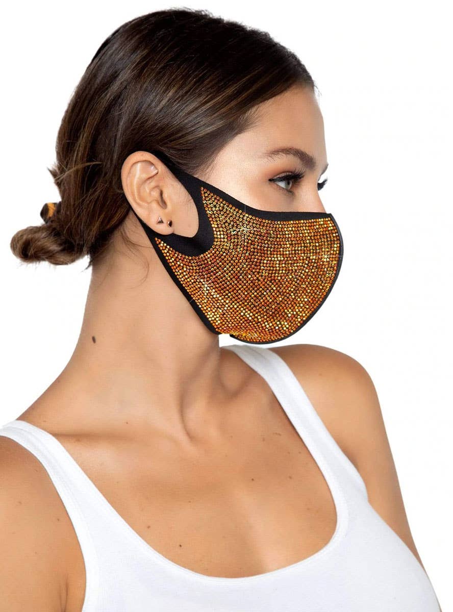 Black Face Mask with Gold Sparkly Rhinestones - Front Image