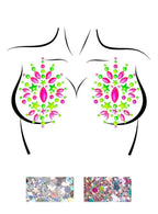 Pink and Green UV Reactive Stick On Nipple Gems with Glitter Main Image