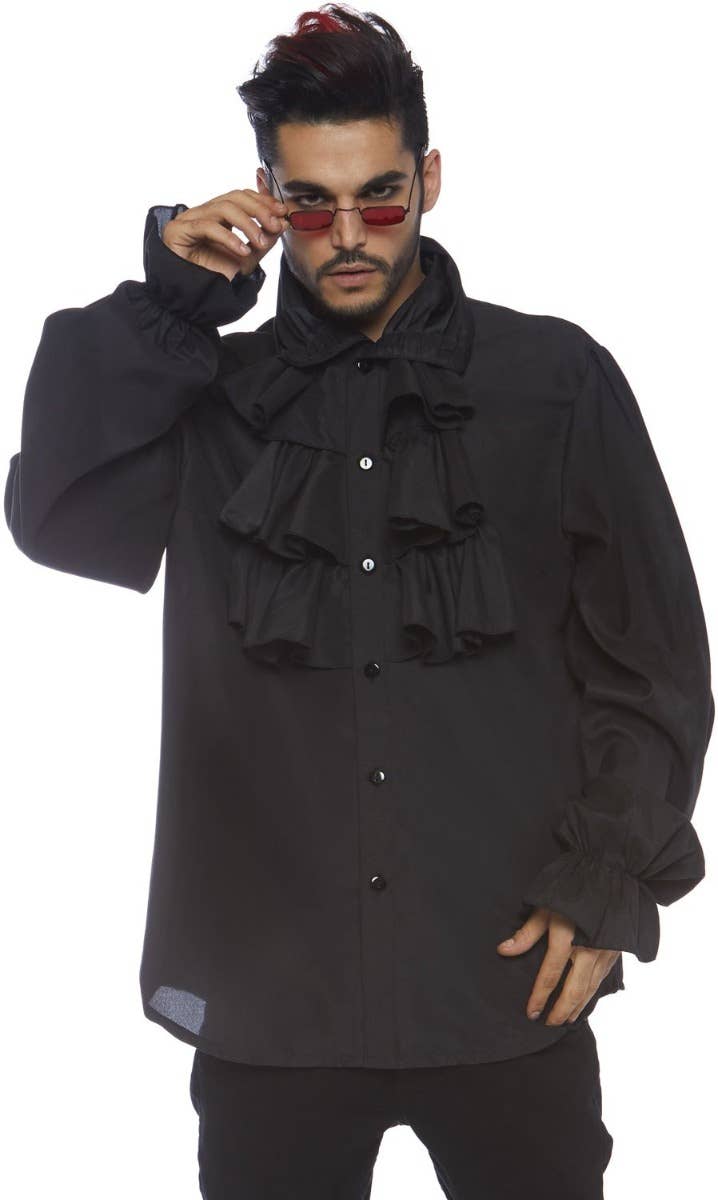 Men's Black Victorian Vampire Ruffled Halloween Costume Shirt Main Image