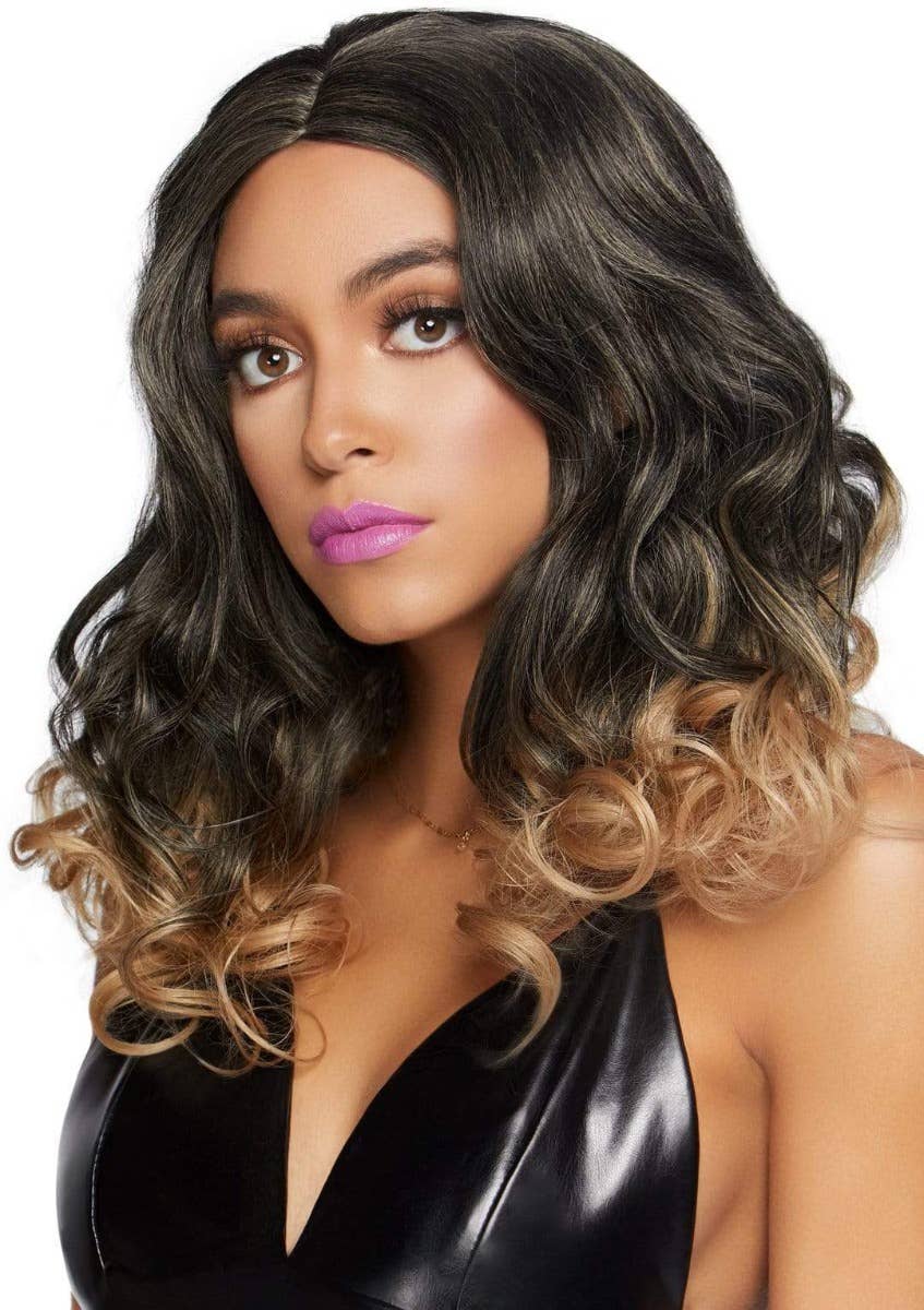 Women's 18 Inch Short Curly Brown to Blonde Ombre Costume Wig Alt Image