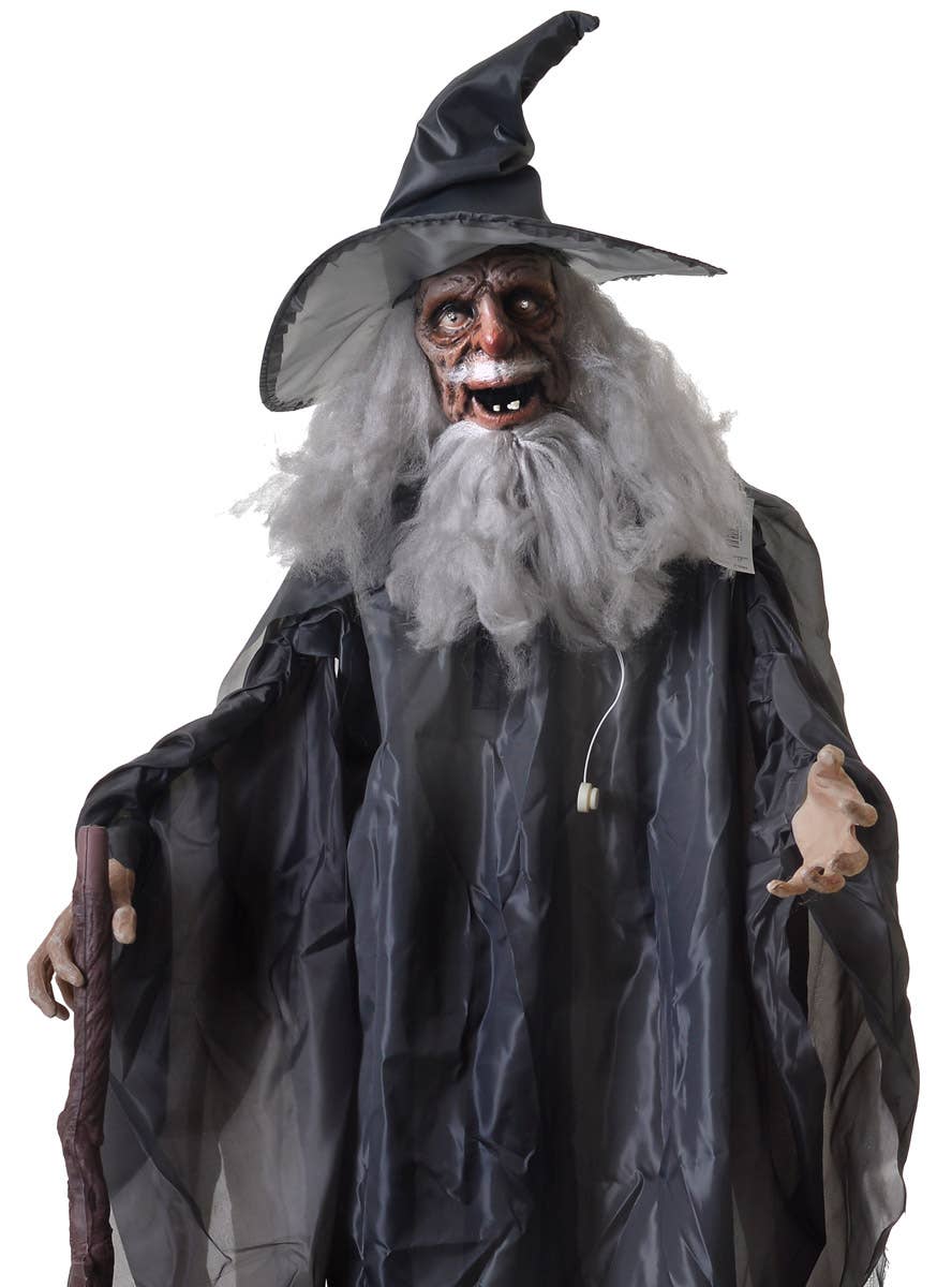 Animated Life Size Grey Wizard Halloween Decoration with Lights and Sounds - Close Image