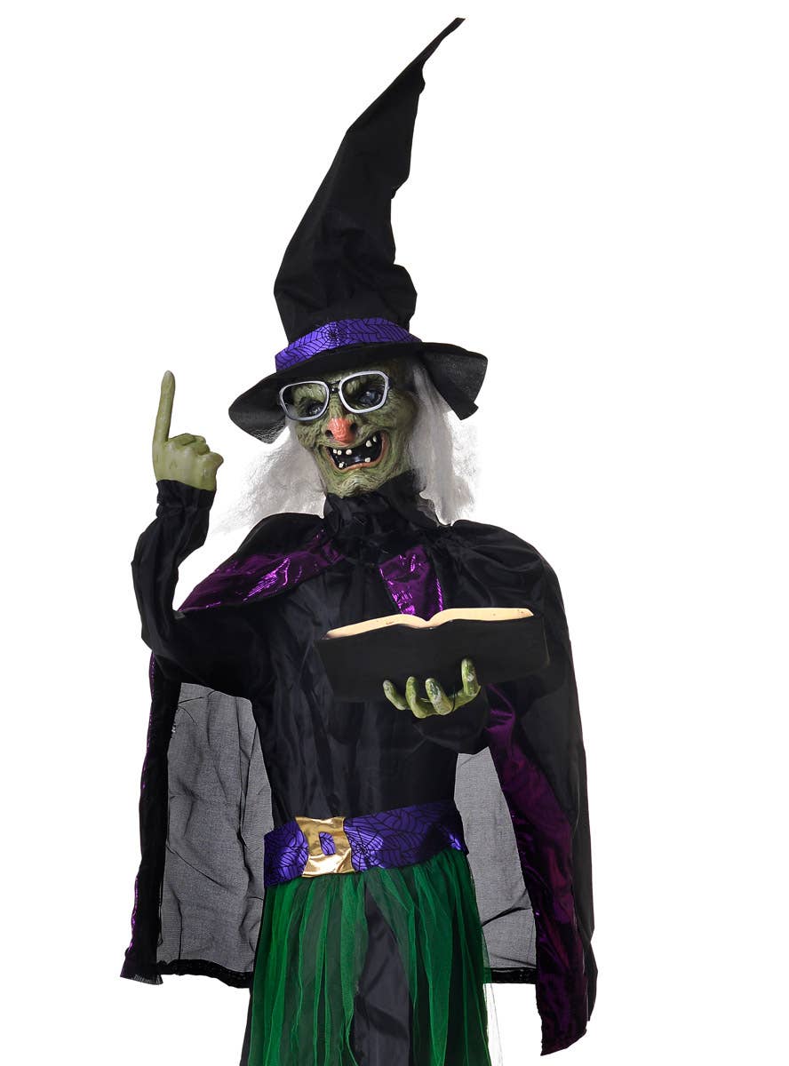 Life Size Animated Witch Holding Spell Book Halloween Decoration with Lights and Sounds - Close Image