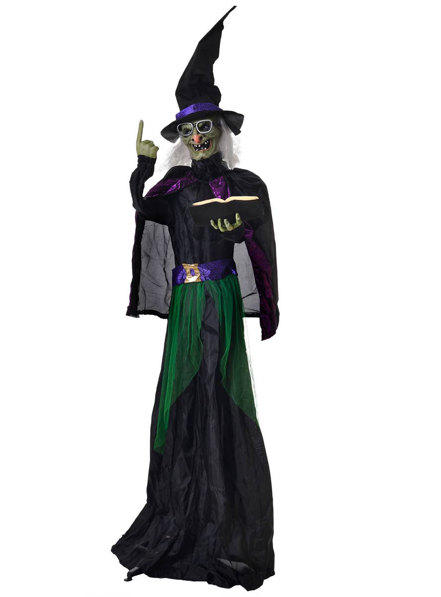 Life Size Animated Witch Holding Spell Book Halloween Decoration with Lights and Sounds - Main Image