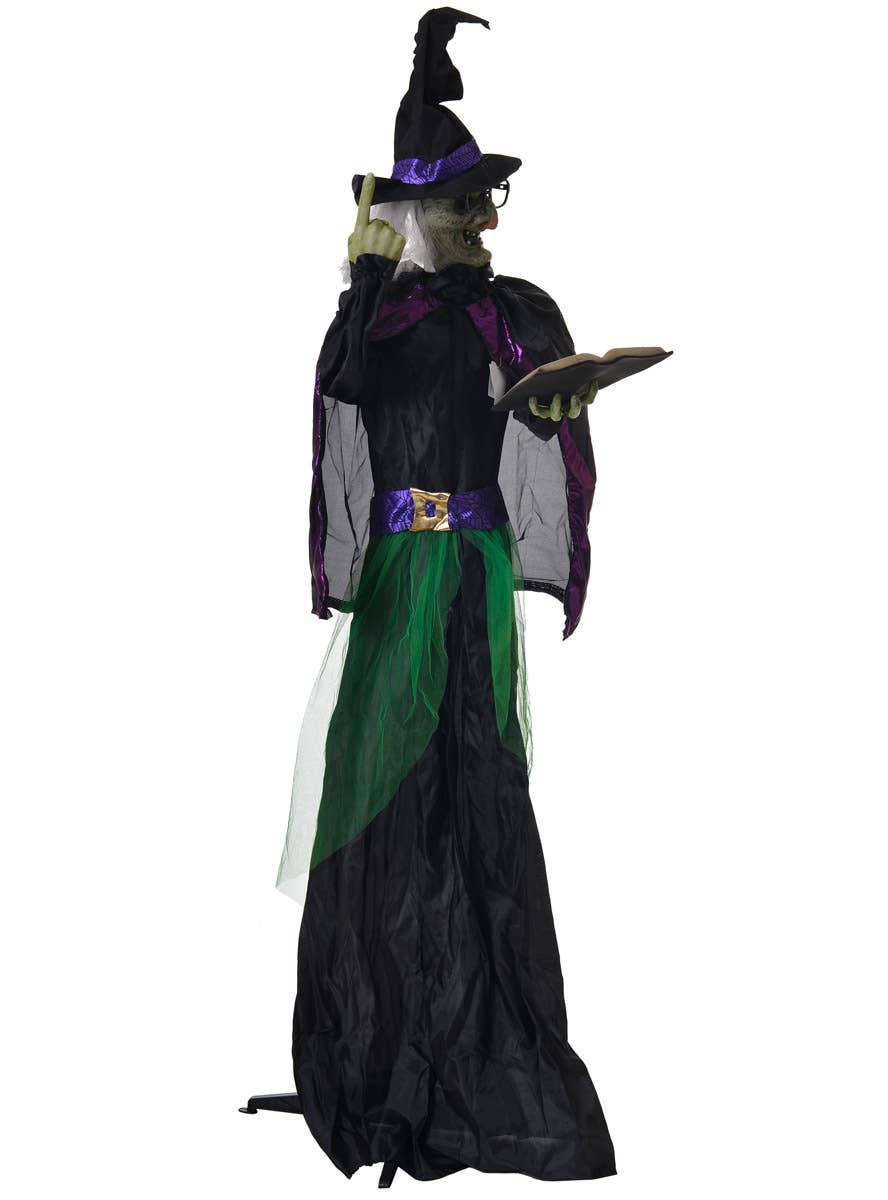 Life Size Animated Witch Holding Spell Book Halloween Decoration with Lights and Sounds - Side Image