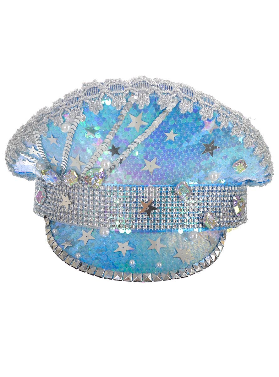 Image of Deluxe Ice Blue Jewelled Festival Hat with Stars and Pearls - Alternate Image