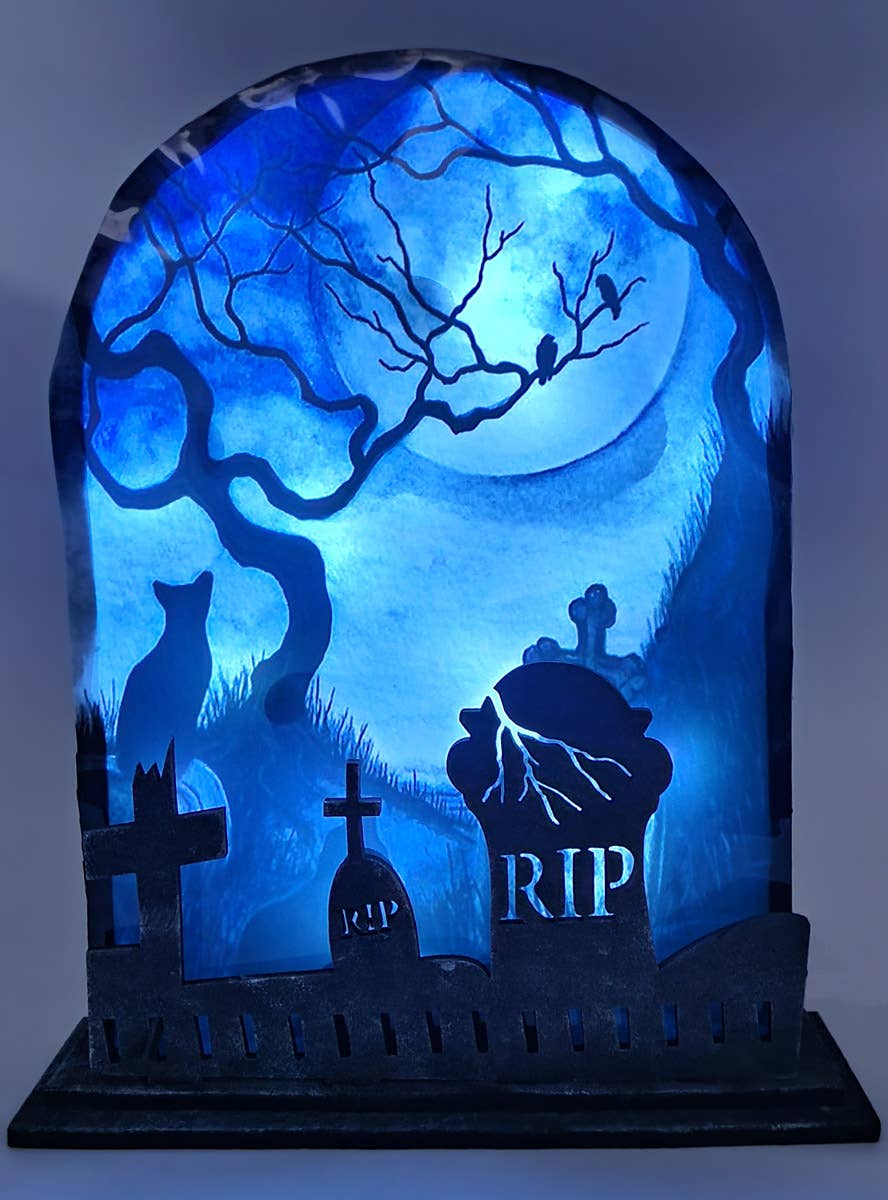 Image of Cat in Moonlit Graveyard Tombstone with Lights and Sound - Alternate Image