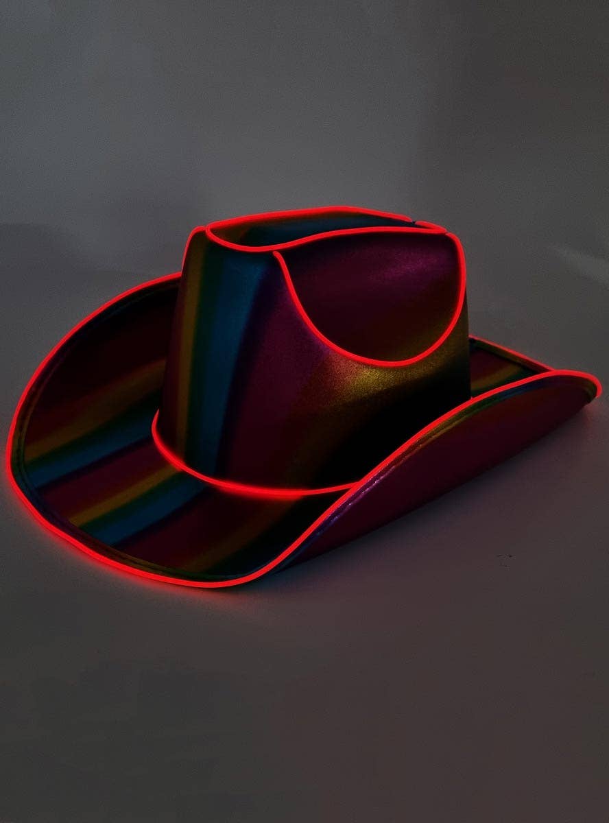 Image of Light Up Metallic Rainbow Cowboy Hat - Lit Image